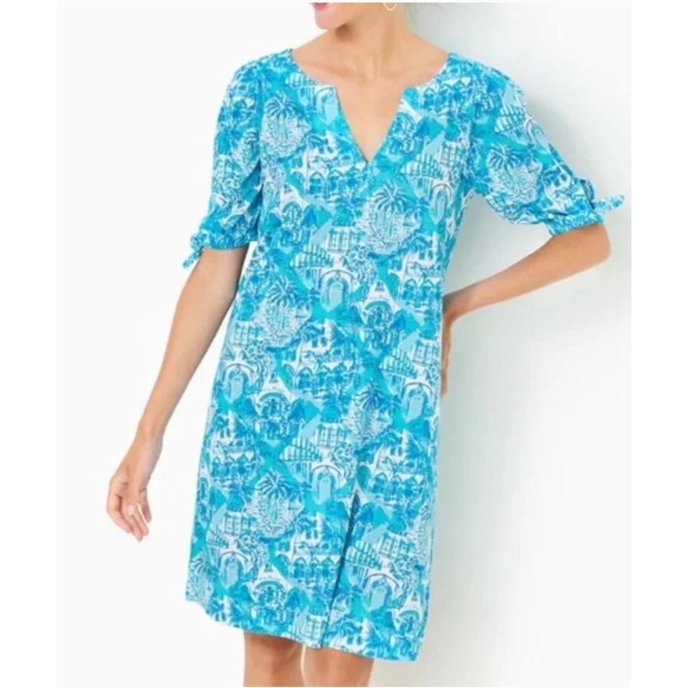 Lilly Pulitzer Easley Short Sleeve Dress Amalfi Blue Sunny State of‎ Mind XS - Picture 2 of 9